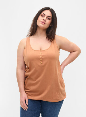 Block coloured cotton top with elastic along the bottom, Pecan Brown, Model image number 0