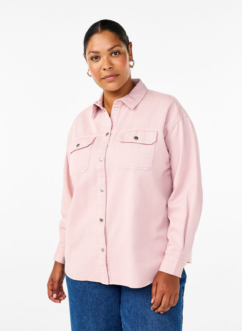 Solid-colored denim shirt with chest pockets, Pale Mauve, Model image number 0