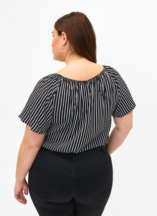 Striped viscose blouse with short sleeves, Black/ White Stripe, Model image number 1