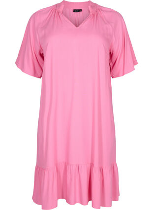 Short-sleeved viscose dress with v-neck, Aurora Pink, Packshot image number 0