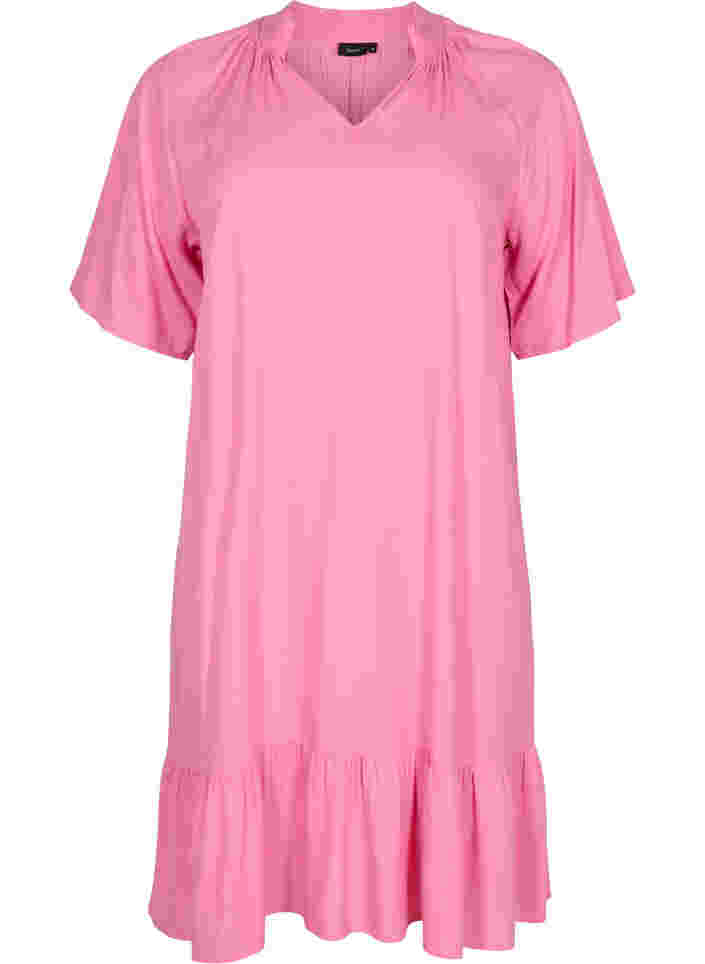 Short-sleeved viscose dress with v-neck, Aurora Pink, Packshot image number 0
