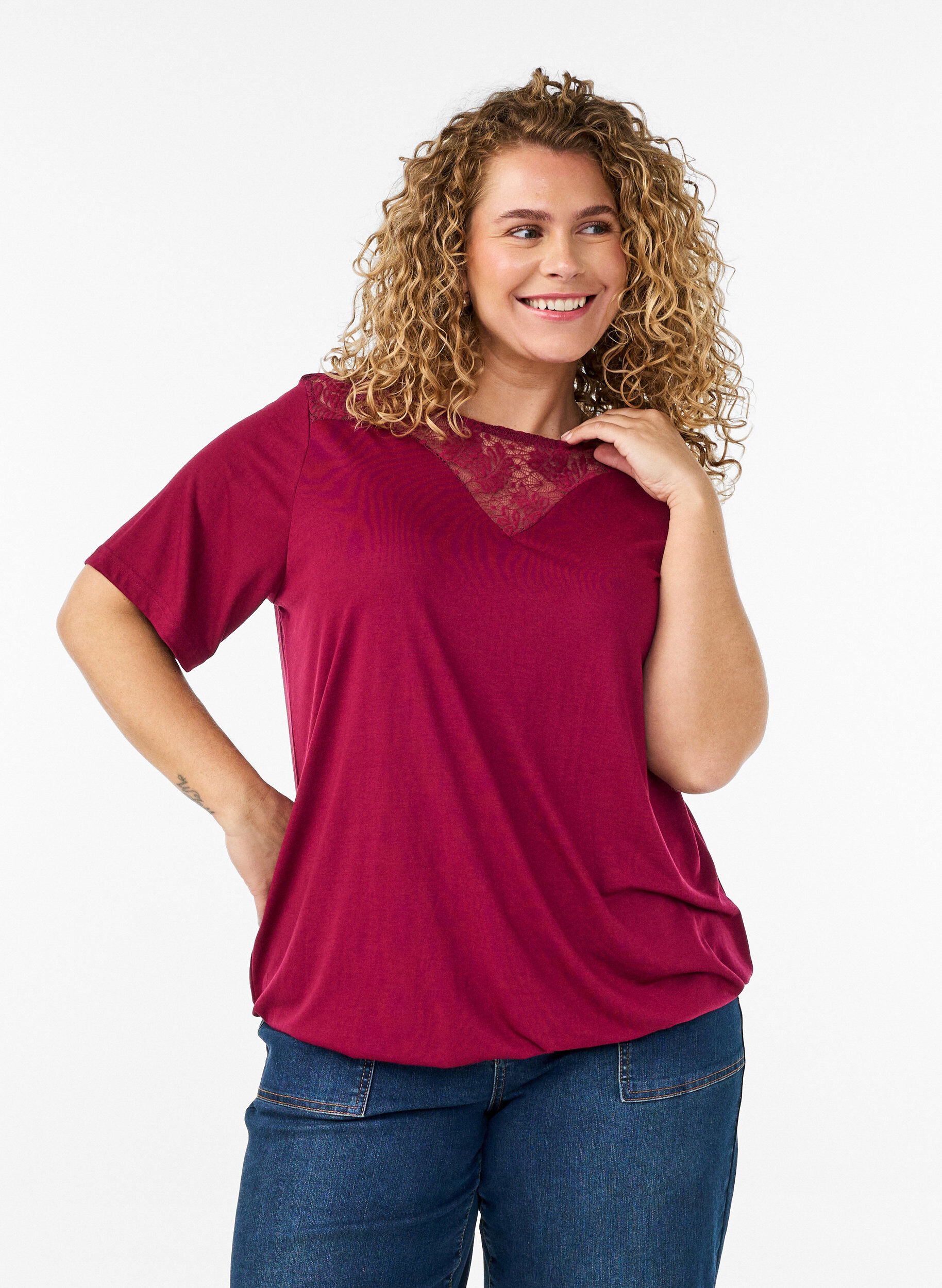 ZizzifashionBlouse with lace insert and balloon sleeves, Red, Model image number 0