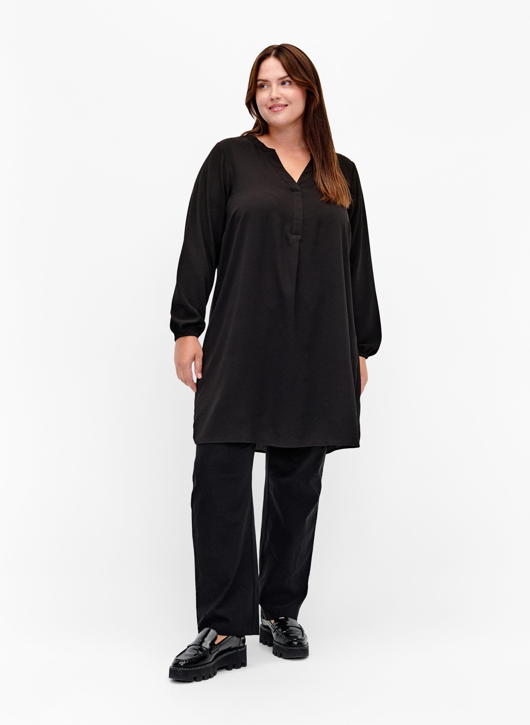 Zizzifashion Long-sleeved V-neck dress, Black, Model image number 2