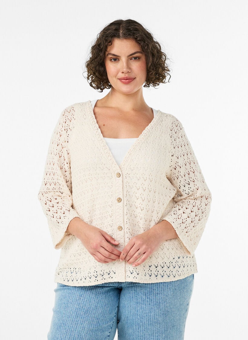 Knitted cardigan with eyelet embroidery and a V-neck, Beige, Model image number 0