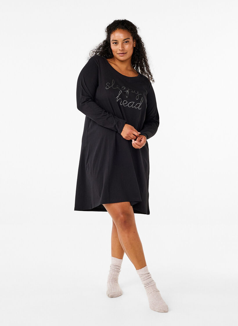Long-sleeved nightgown in organic cotton, Black, Model image number 1