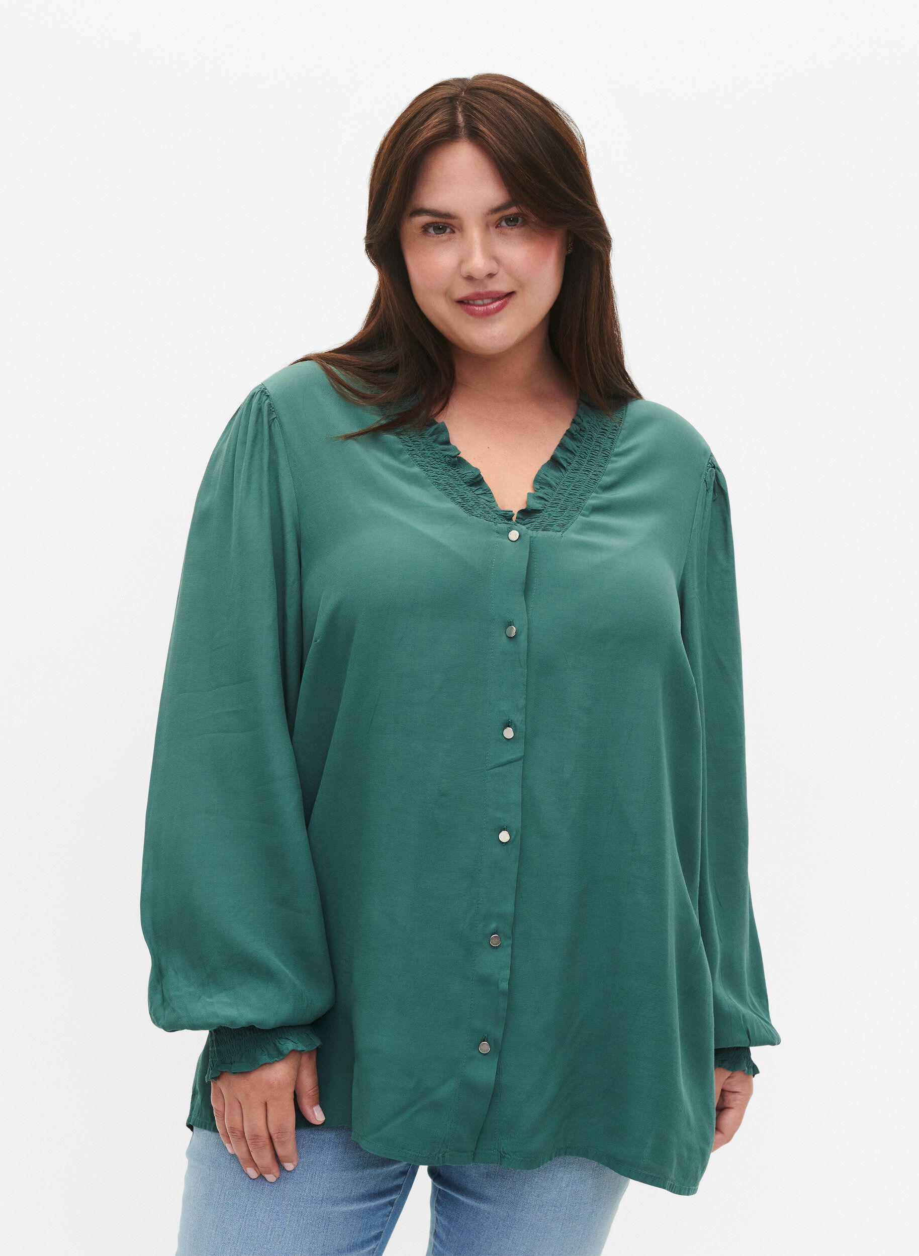Zizzifashion Long-sleeved shirt blouse in viscose, Sea Pine, Model image number 0