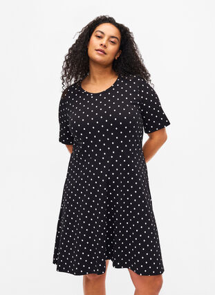 Cotton dress with short sleeves and dots, Black w. White Dot, Model image number 0