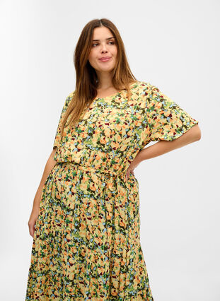 Short-sleeved midi dress in viscose, Yellow Summer AOP, Model image number 1
