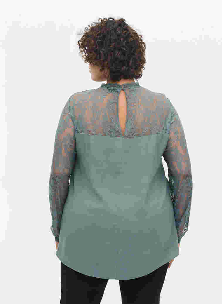 Long-sleeved viscose blouse with lace, Balsam Green, Model image number 1