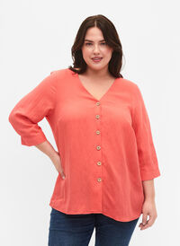 Viscose blouse with buttons and v-neck, Deep Sea Coral, Model