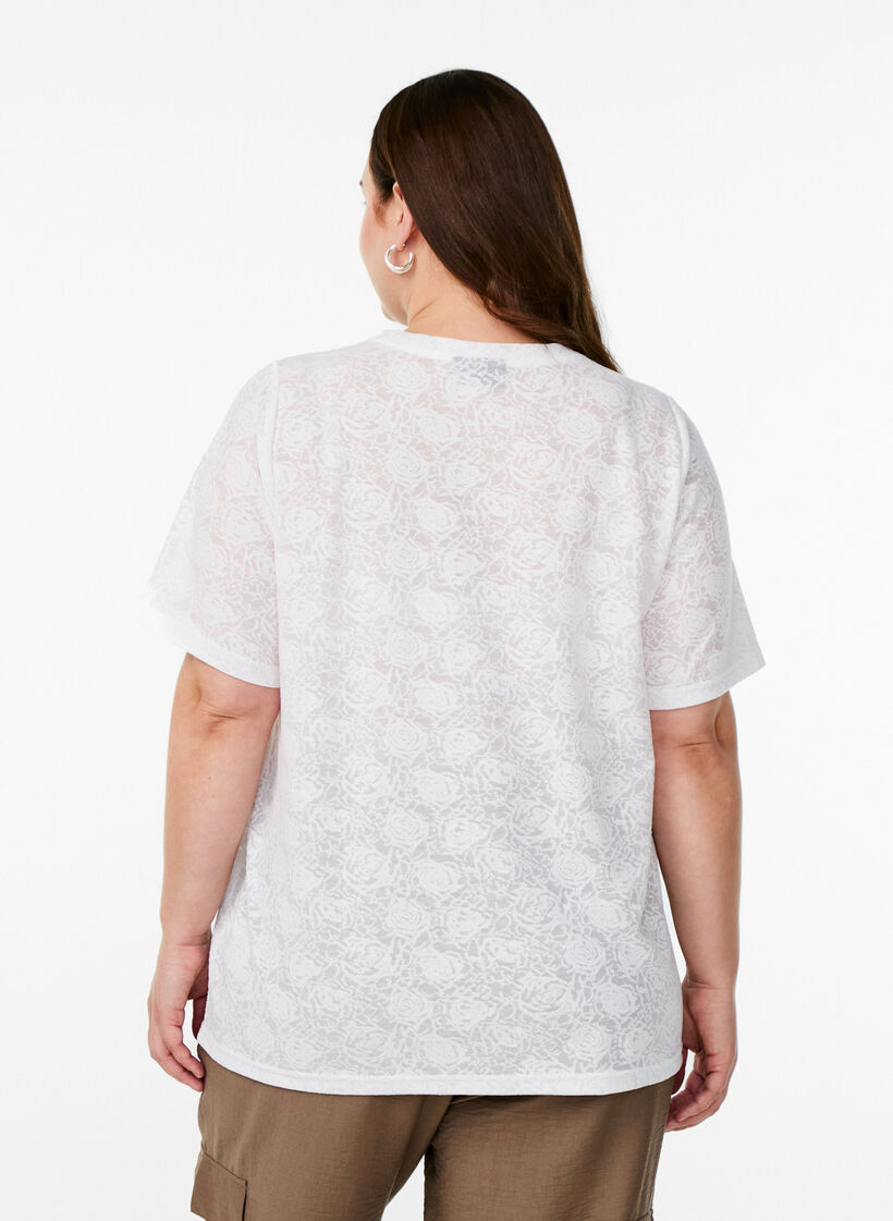Short-sleeved blouse with rose patterned texture, White, Model image number 2