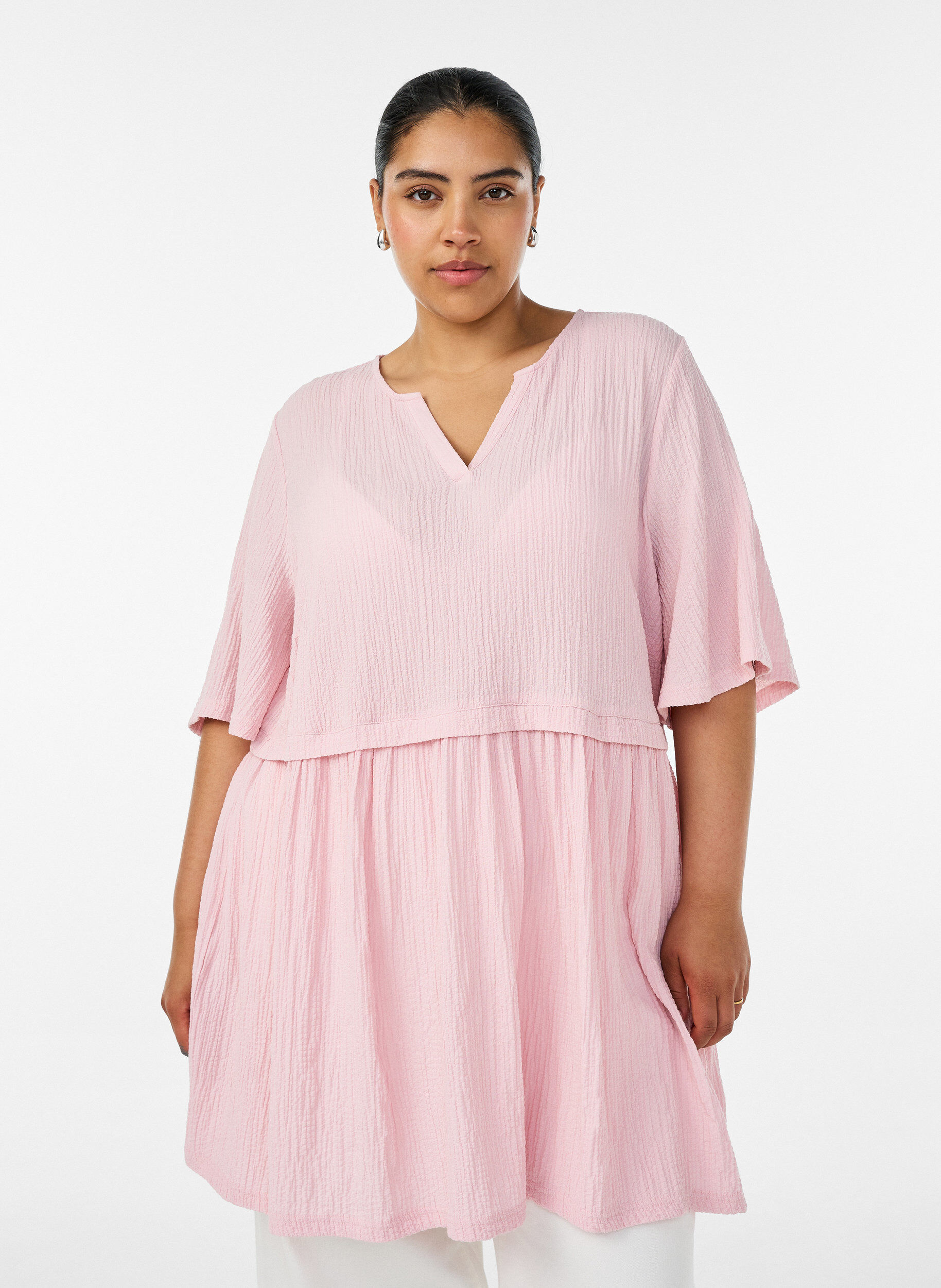 ZizzifashionTunic with crinkled texture and 1/2 sleeves, Pink, Model image number 0
