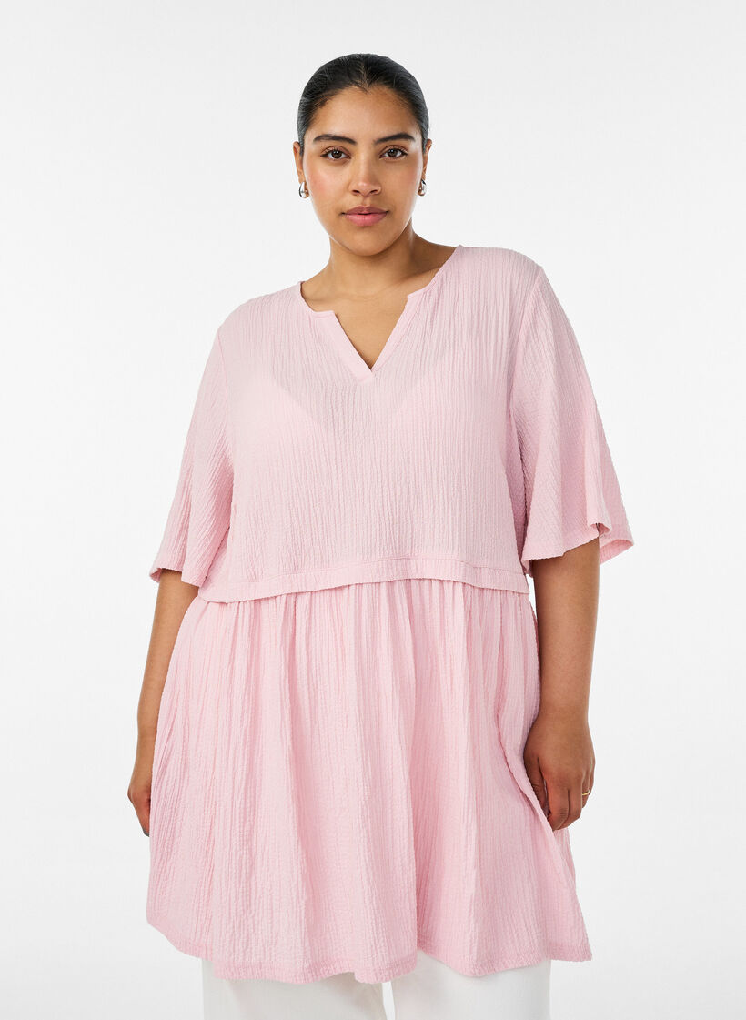 Tunic with crinkled texture and 1/2 sleeves, Pink, Model image number 0