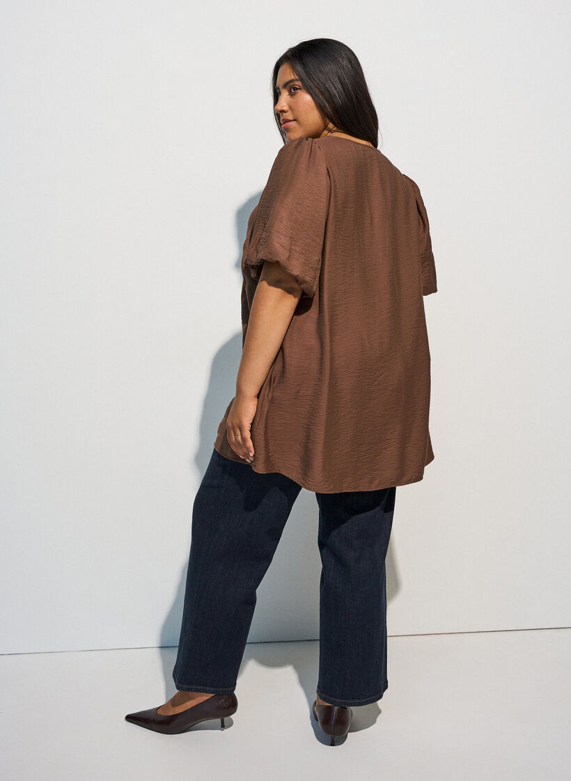 Tunic with balloon sleeves and a V-neck, Brown, Model image number 2