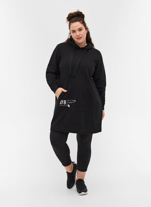 Sweater dress with a hood and pocket, Black, Model image number 2