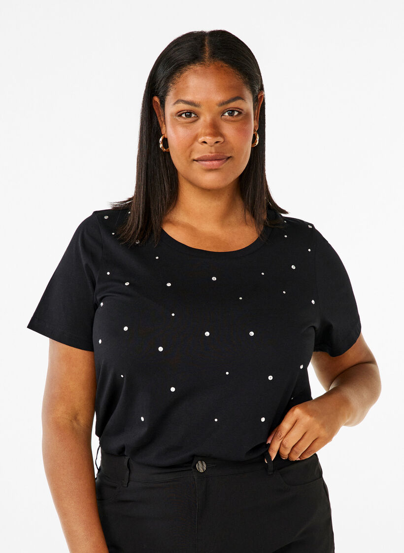 Cotton T-shirt with rhinestones, Black, Model image number 0