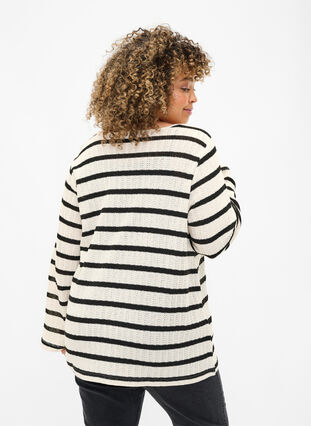 Striped cardigan with tie-string, Sand Black Stripe, Model image number 1