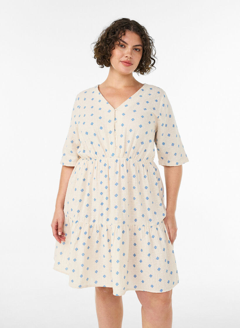 Printed cotton dress with an elasticated waist, Beige, Model image number 0