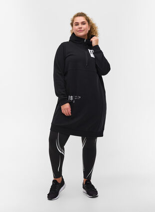Hooded sweater dress with print, Black, Model image number 2