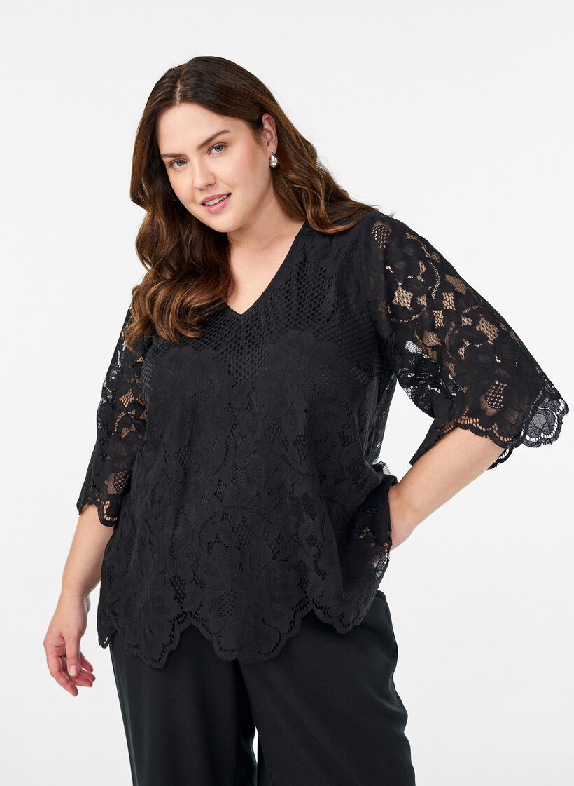 Lace blouse with V-neck and 1/2 sleeves, Black, Model image number 0