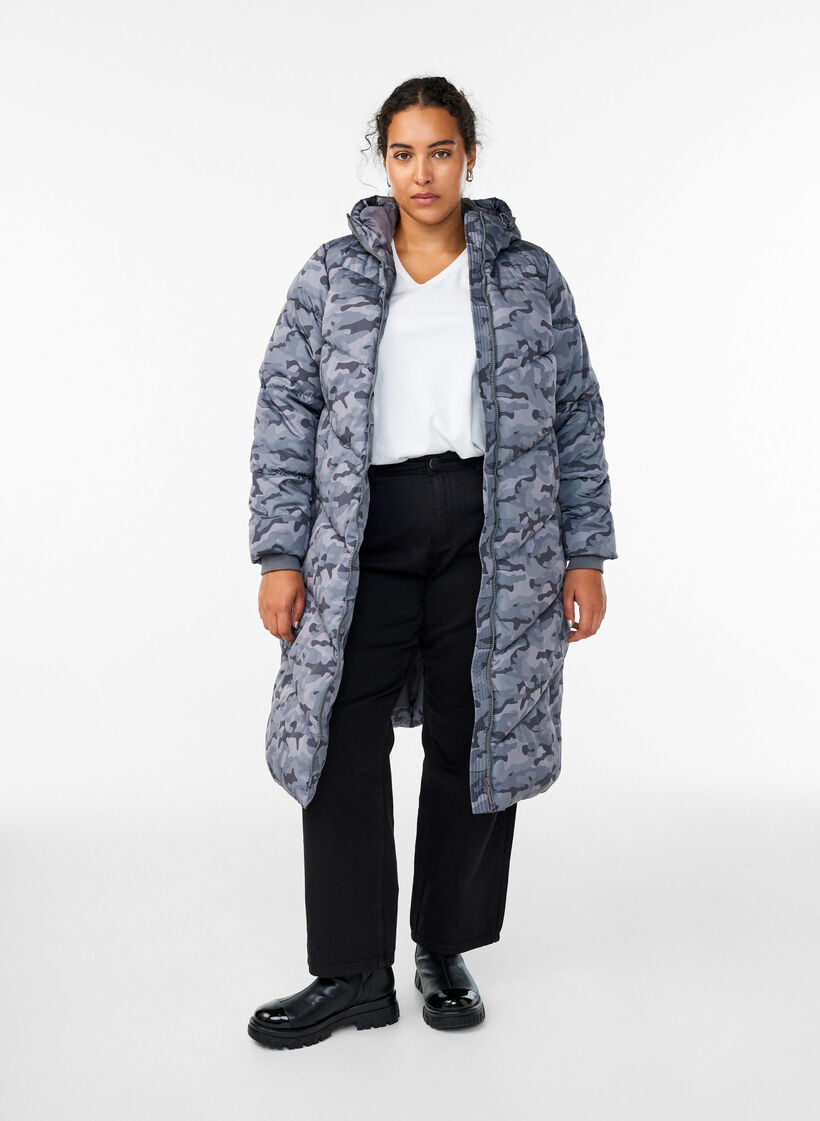 Long camouflage puffer jacket, Dark Grey, Model image number 1