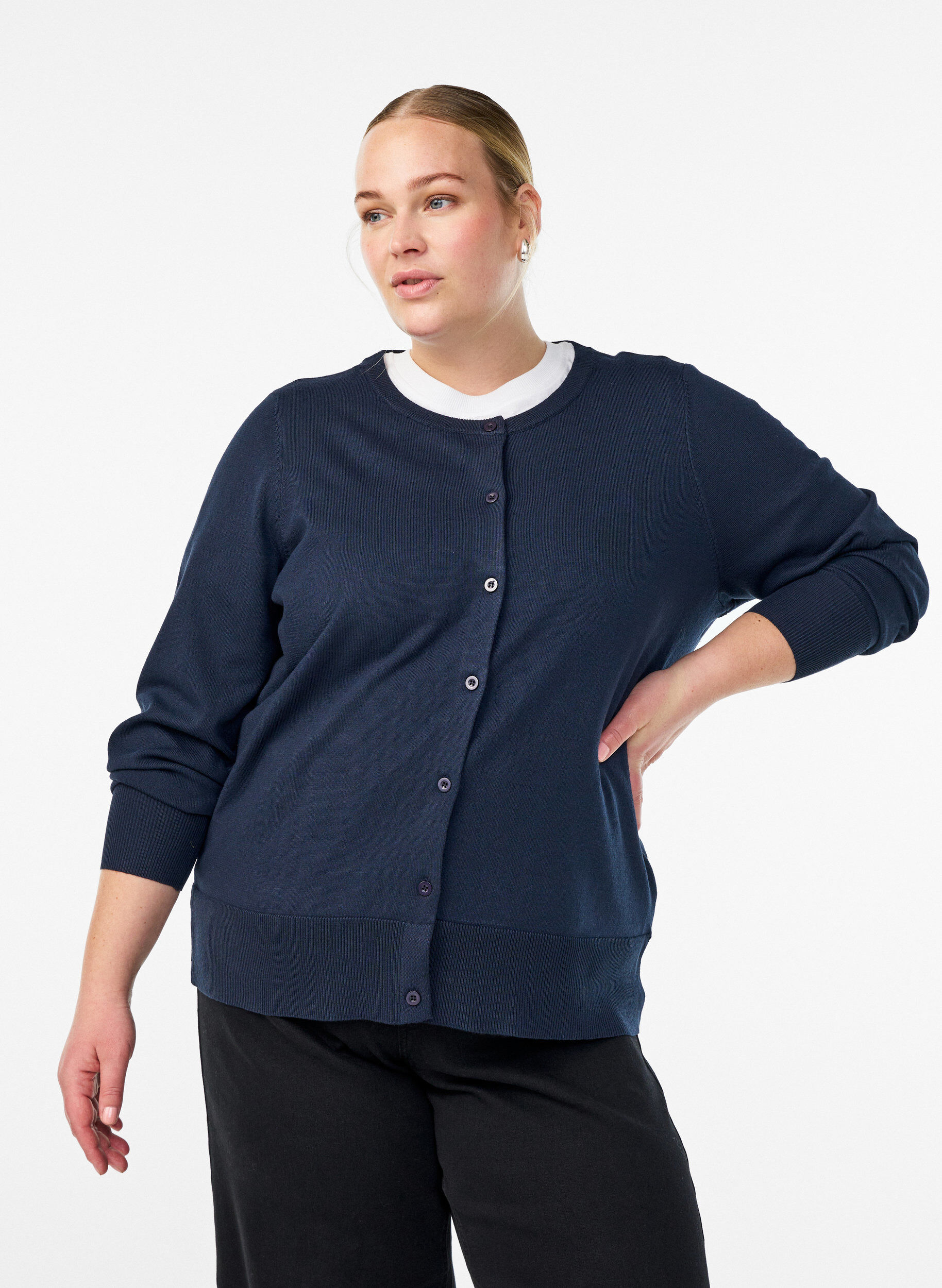 ZizzifashionFine-knit cardigan with round neck, Blue, Model image number 0