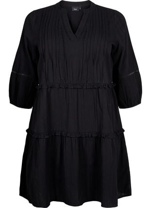 3/4 sleeve cotton dress with ruffles, Black, Packshot image number 0