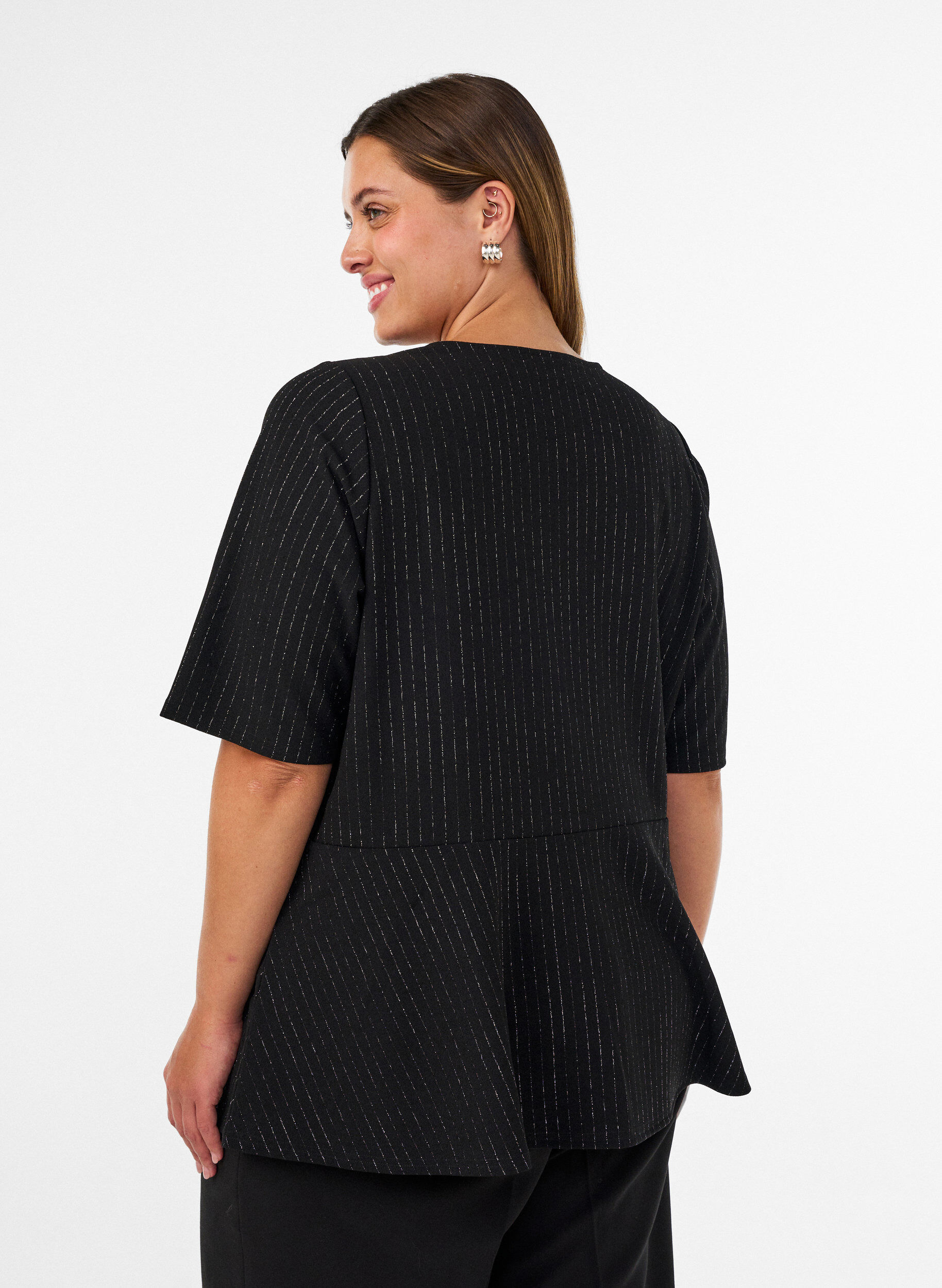ZizzifashionPeplum blouse with glitter stripes, Black, Model image number 2