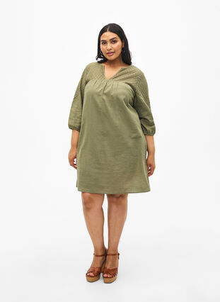 Dress in a cotton blend with linen and crochet detail, Deep Lichen Green, Model image number 2