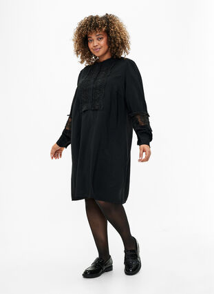 Viscose dress with crochet details, Black, Model image number 2