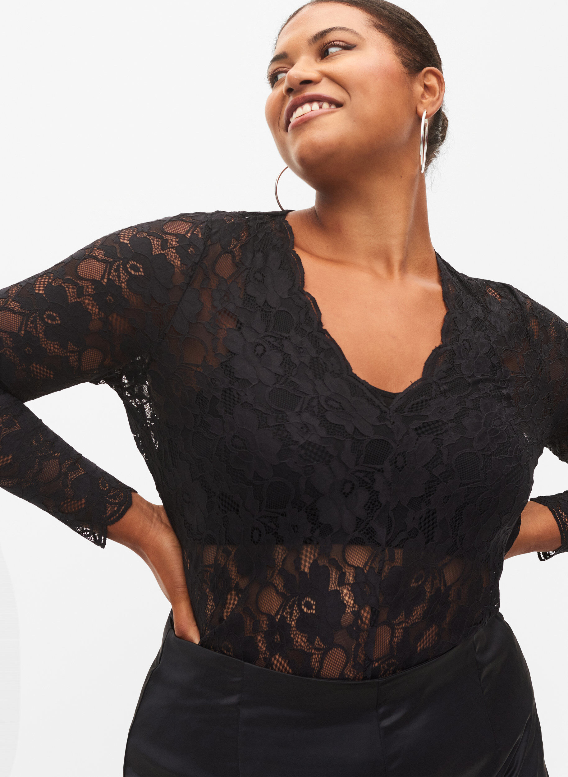 Zizzifashion Lace body with long sleeves, Black, Model image number 2