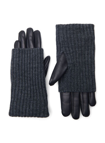 Leather gloves with knit, Black, Packshot image number 0