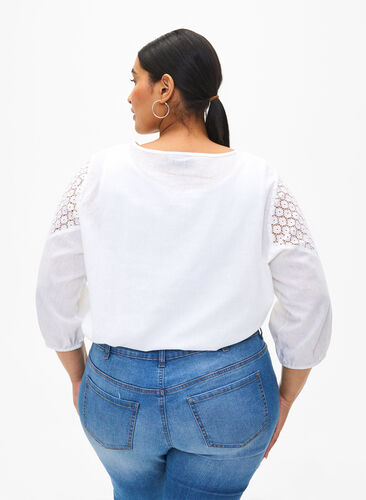 Blouse in a cotton mix with linen and crochet detail, Bright White, Model image number 1