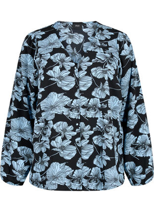 Shirt blouse with v-neck and print, Black B. Flower AOP, Packshot image number 0
