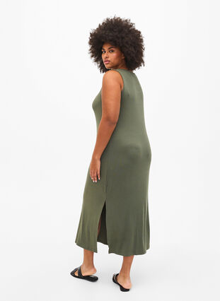 Sleeveless ribbed dress in viscose, Thyme, Model image number 1