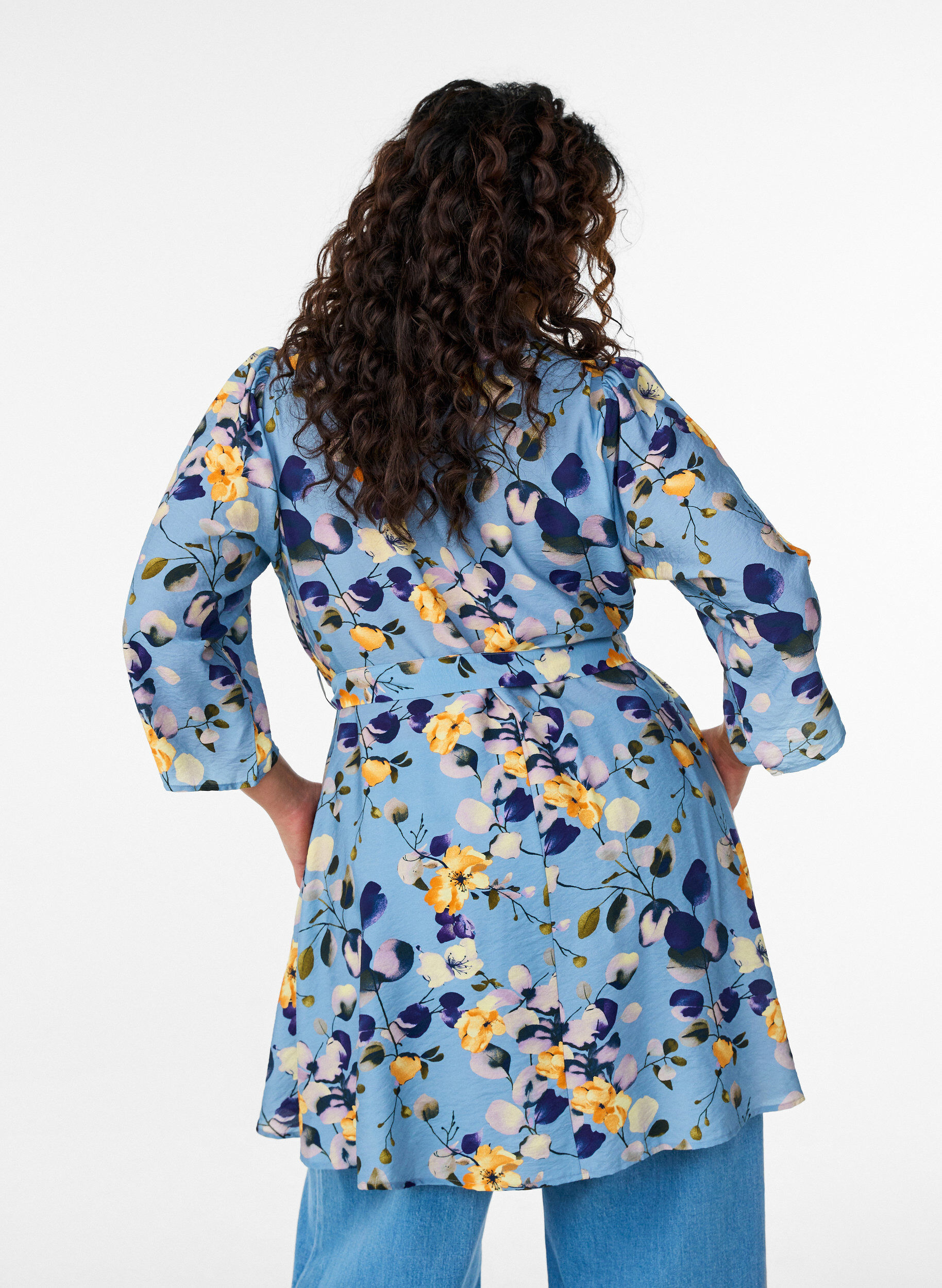 Zizzifashion Patterned tunic with a tie-belt and 3/4 sleeves, Light Blue, Model image number 2