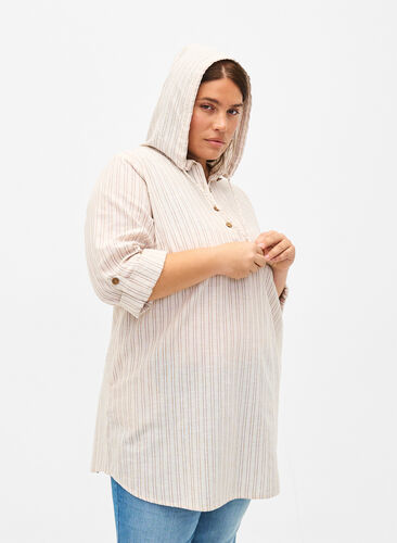 Hooded tunic in cotton and linen, Wh. Sandshell Stripe, Model image number 0