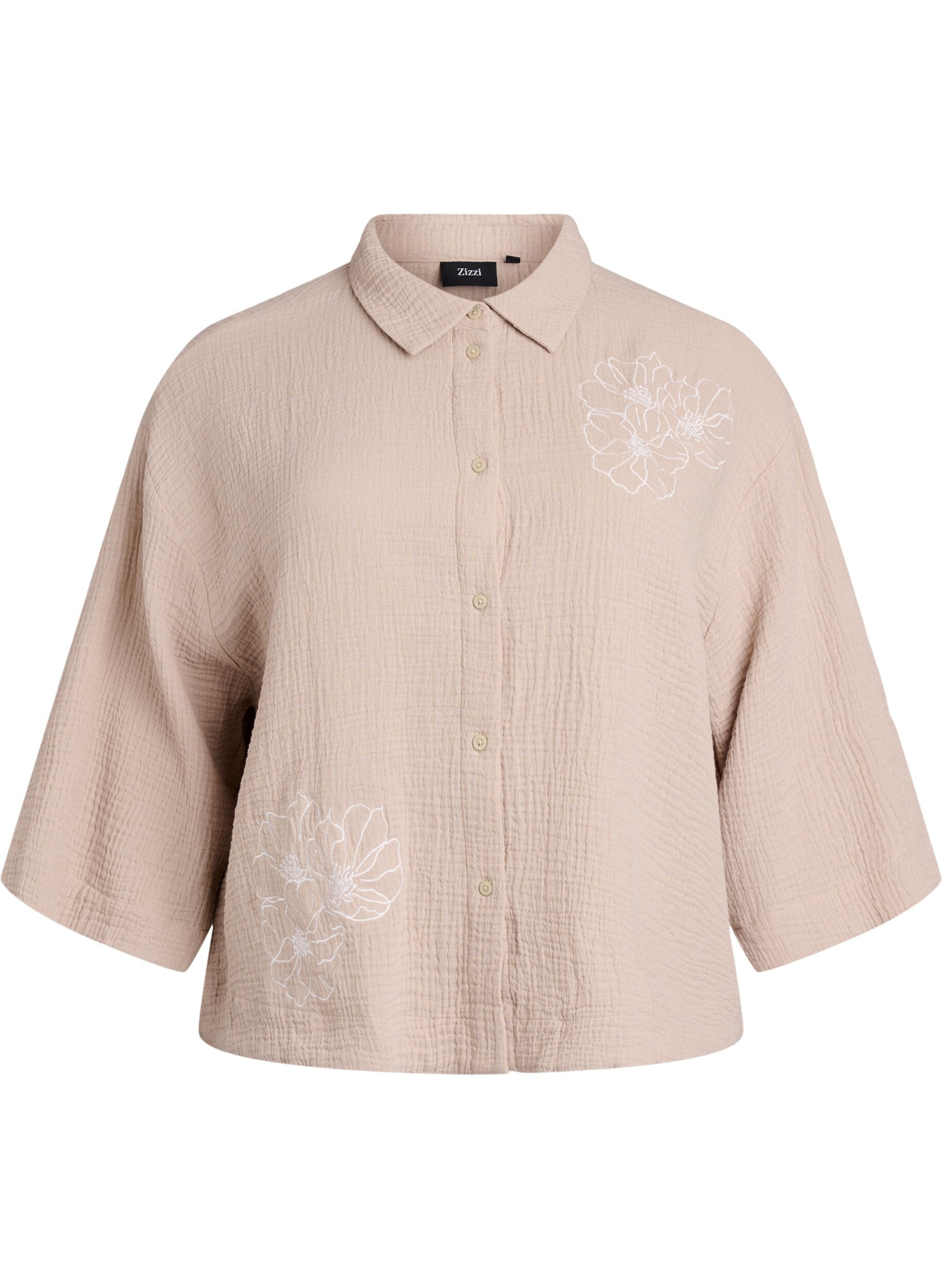 Zizzifashion Cotton muslin shirt with embroidered details, Beige, Packshot image number 0