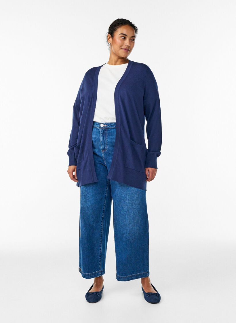 Long open-front knit cardigan with pockets, Blue, Model image number 1