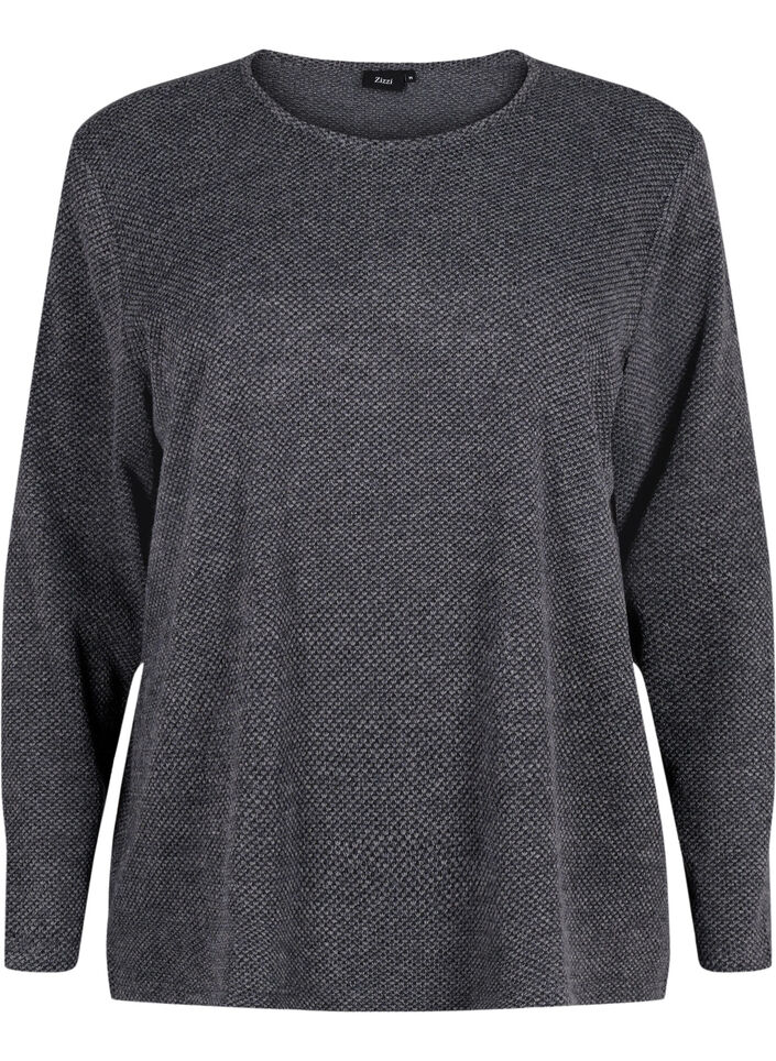 Melange blouse with round neck and long sleeves, Dark Grey, Packshot image number 0