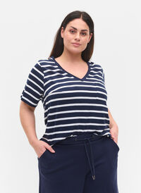 Striped cotton t-shirt with v-neckline, Navy B White Stripe, Model