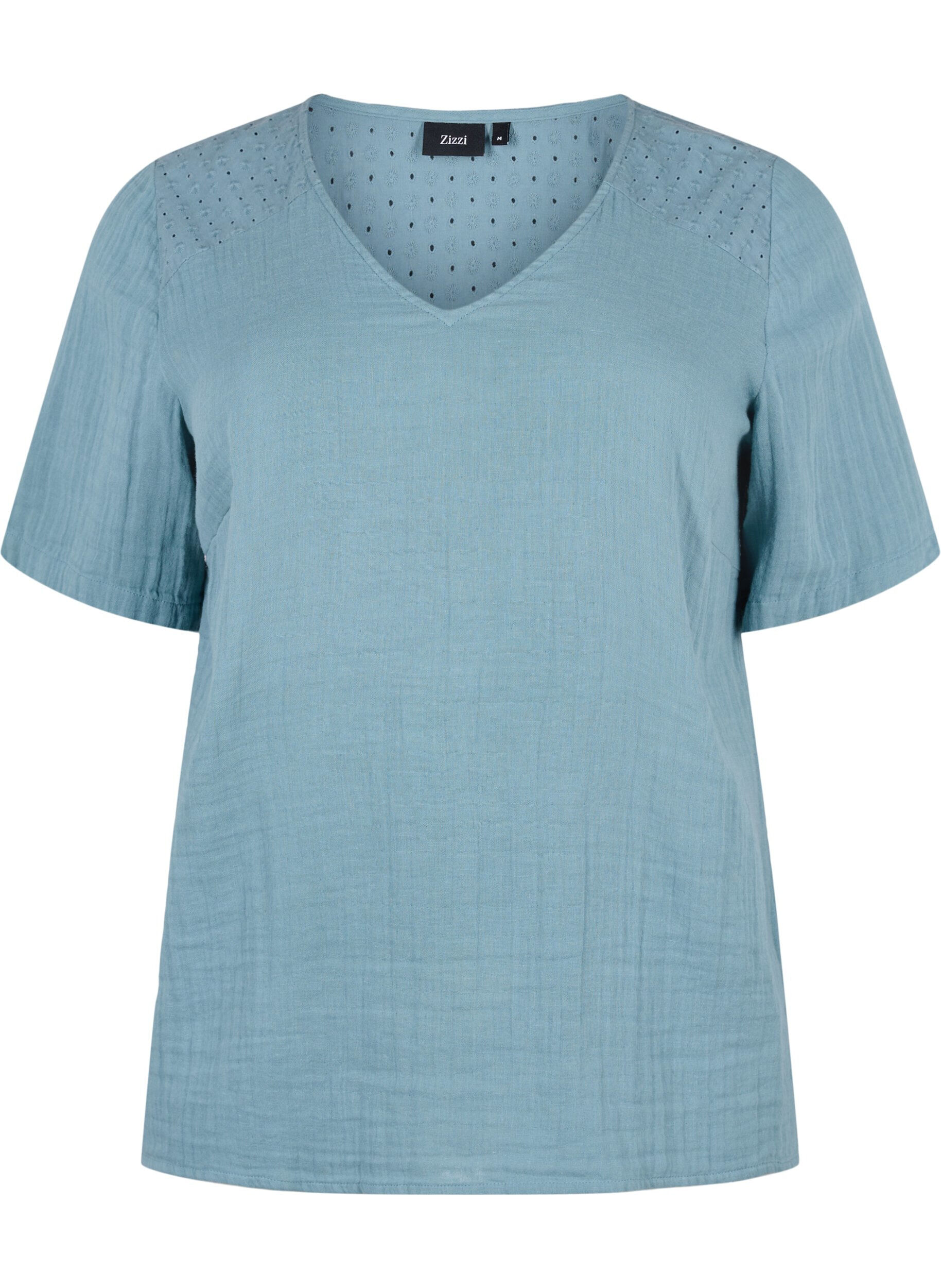 Zizzifashion Cotton blouse with embroidery and short sleeves, Smoke Blue, Packshot image number 0