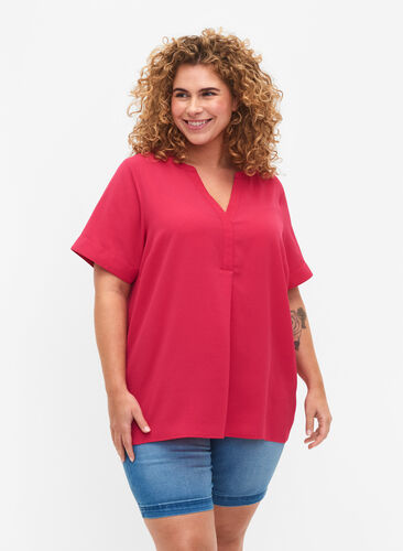 Short-sleeved v-neck blouse, Bright Rose, Model image number 0