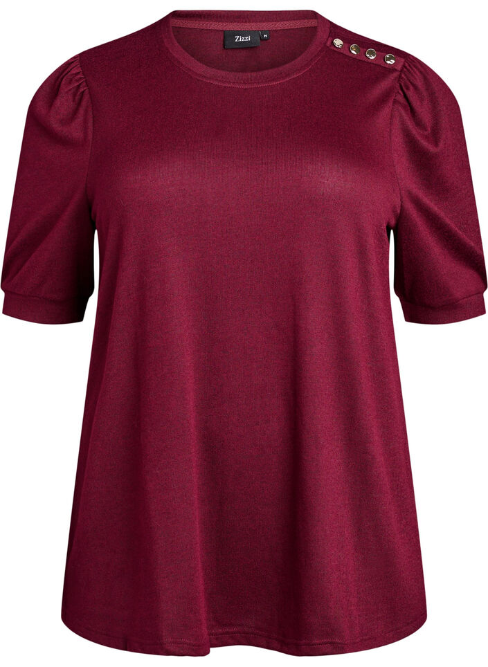 Blouse with button detail and short puff sleeves, Dark Bordeaux, Packshot image number 0