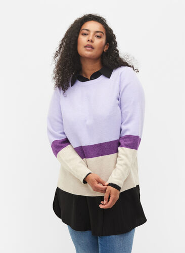 Striped knitted jumper with round neckline, Lavender Comb, Model image number 0