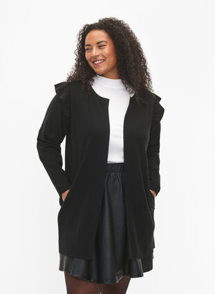 Knit cardigan with frills and pockets, Black, Model image number 0