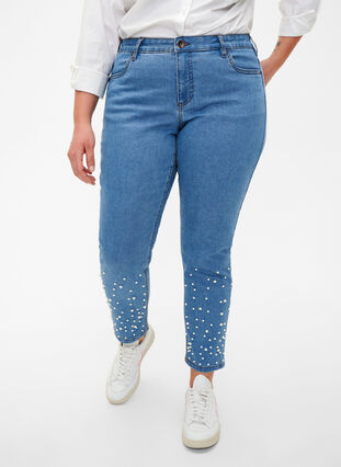Slim fit Emily jeans with pearls, Light Blue, Model image number 2