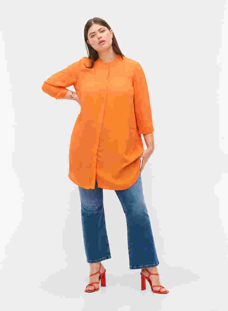 Long viscose shirt with 3/4 sleeves, Orange Peel, Model image number 2