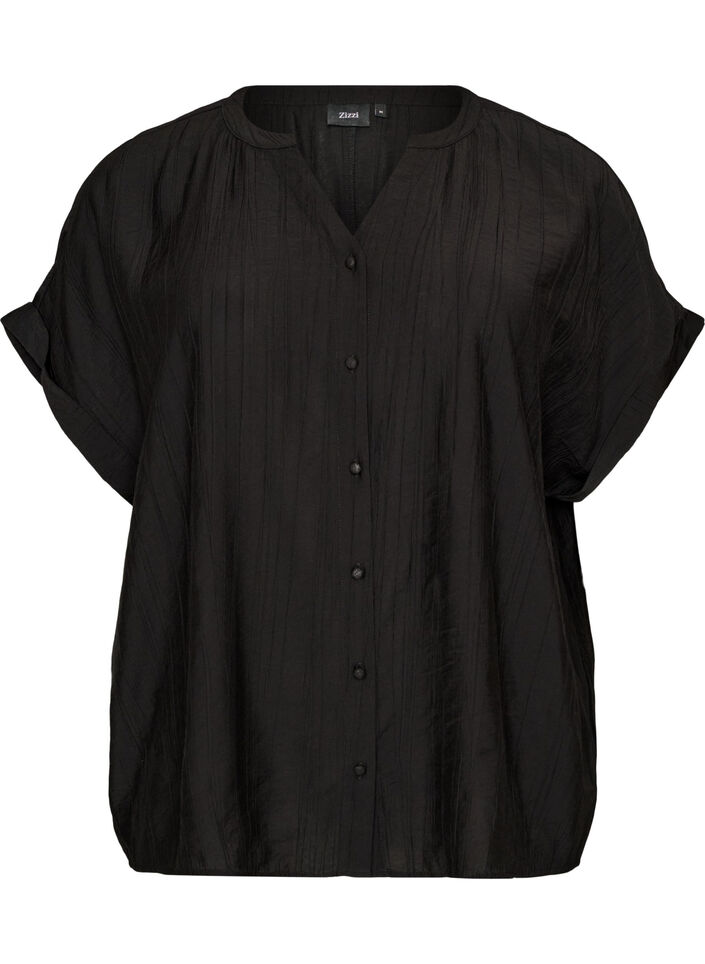 Viscose blouse with buttons and texture, Black, Packshot image number 0