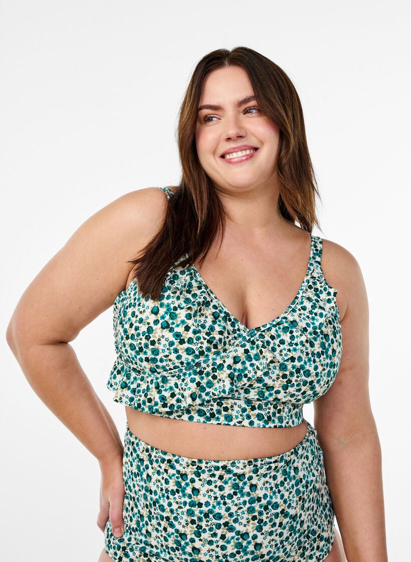 Bikini top with print and ruffle details, Green, Model image number 0